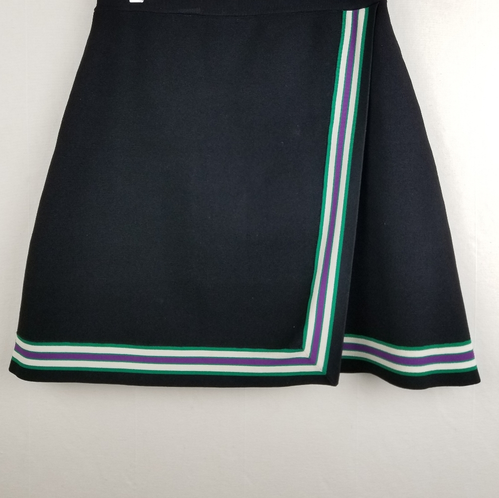 Sandro Black Ponte Knit Cheerleader Mini Skirt Faux Wrap Contrast Trim Sz Small - Picture 3 of 13